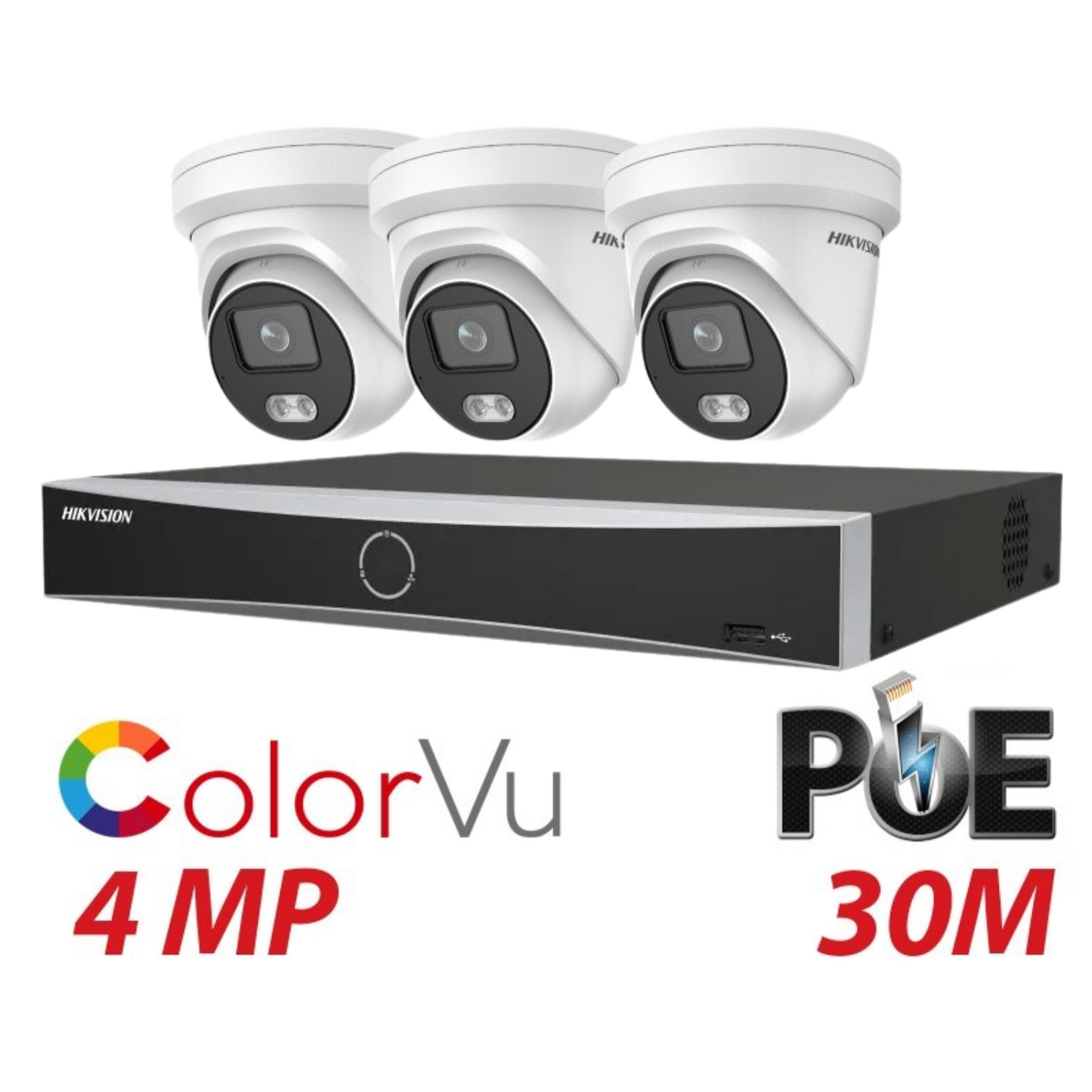 Hikvision CCTV kit, 3 x 4mp Smart Hybrid Colorvu IP Poe cameras with Audio, 1 x 4 Channel NVR