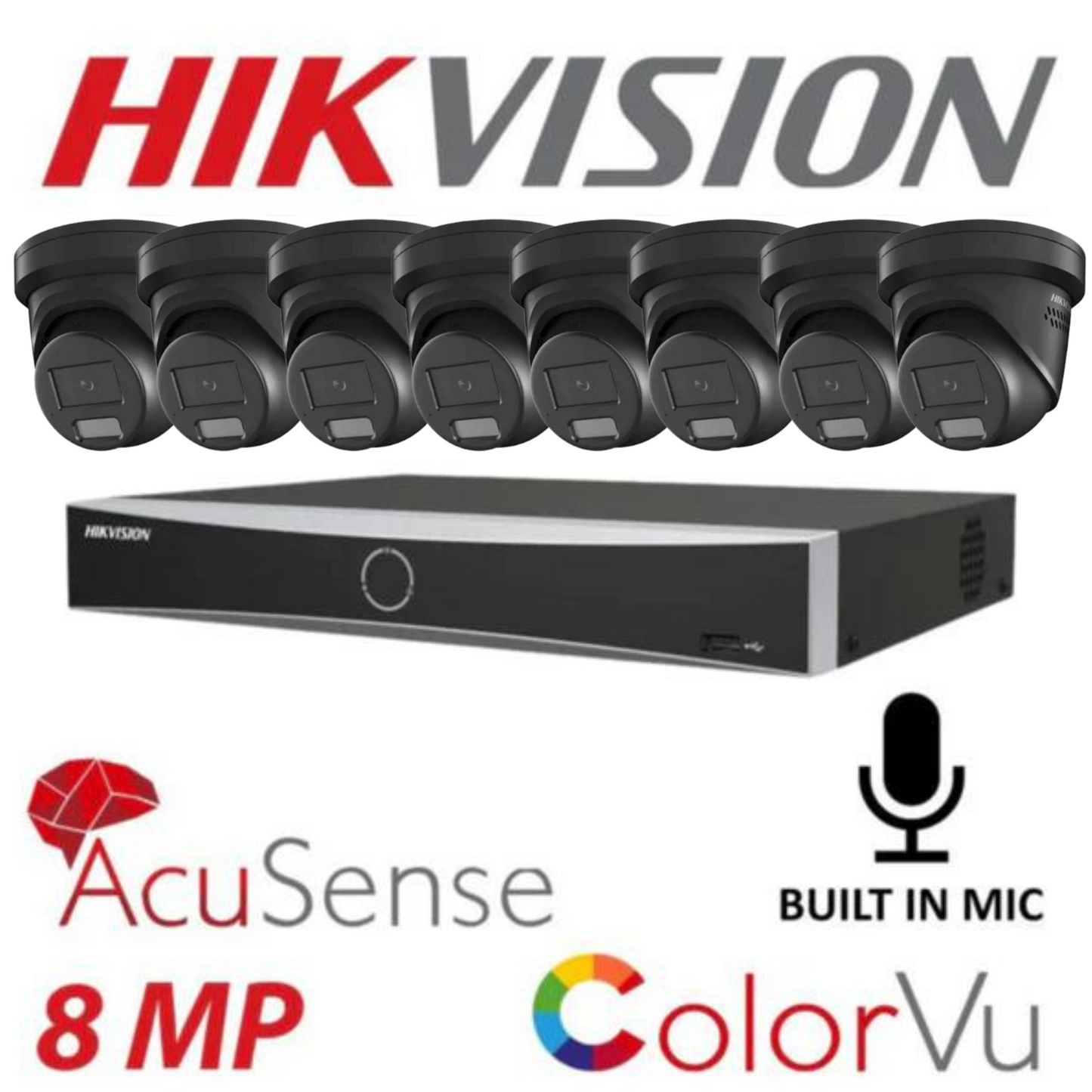 Hikvision CCTV kit, 8 x 8mp Smart Hybrid Colorvu Acusense IP POE and Audio cameras, 1 x 8 Channel POE NVR