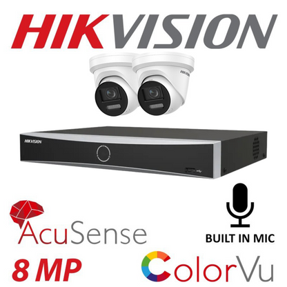 Hikvision CCTV kit, 2 x 8mp Smart Hybrid Colorvu Acusense IP POE and Audio cameras, 1 x 4 Channel POE NVR